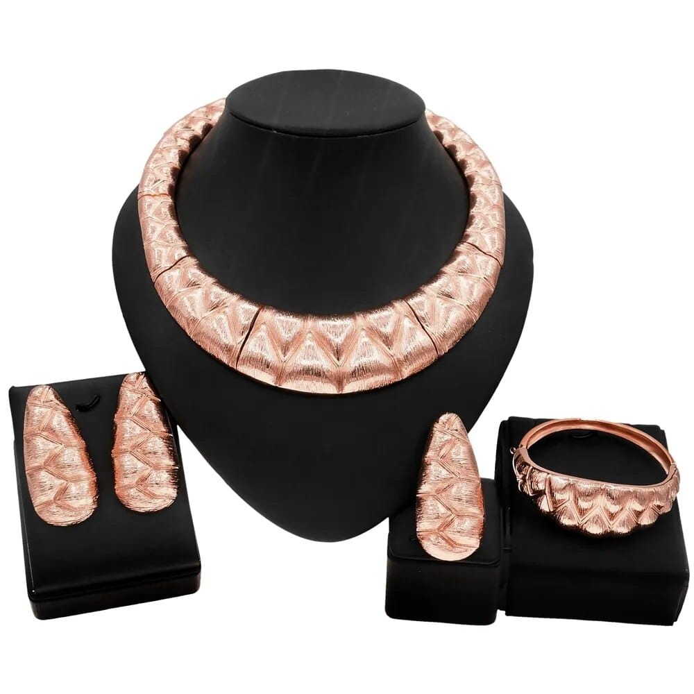 סט תכשיטים ברזילאי שרשרת, צמיד, עגילים וטבעת מצופה זהב