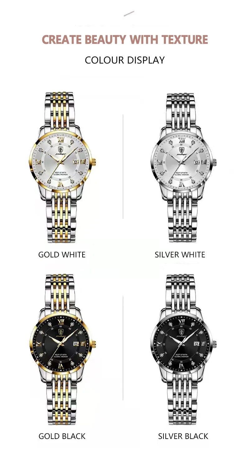 POEDAGAR אופנה נשים שעון למעלה מותג עלה זהב כתם פלדה עמיד למים תאריך קוורץ גבירותיי שעון יוקרה באיכות גבוהה שעון מתנות