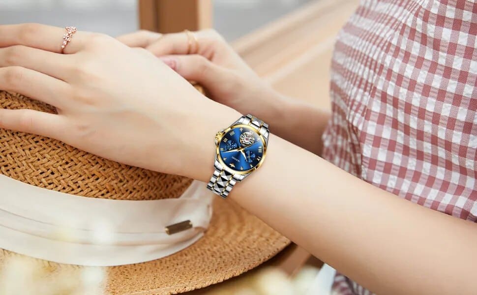 יוקרה מקורי OUPINKE מותג שעונים עבור נשים אוטומטי זהב נירוסטה יהלומים אלגנטי מכאני שעוני יד צמיד סט