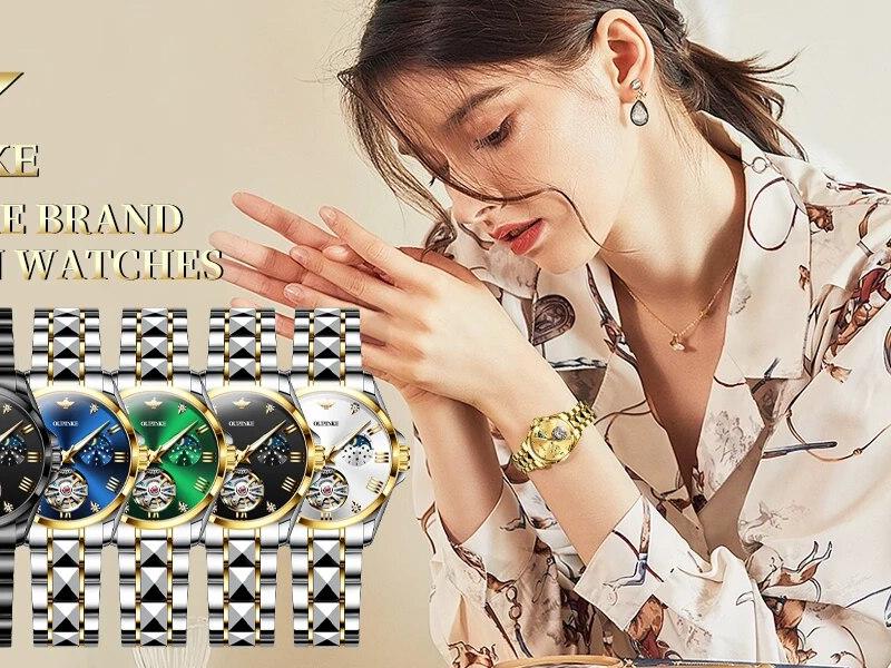 יוקרה מקורי OUPINKE מותג שעונים עבור נשים אוטומטי זהב נירוסטה יהלומים אלגנטי מכאני שעוני יד צמיד סט