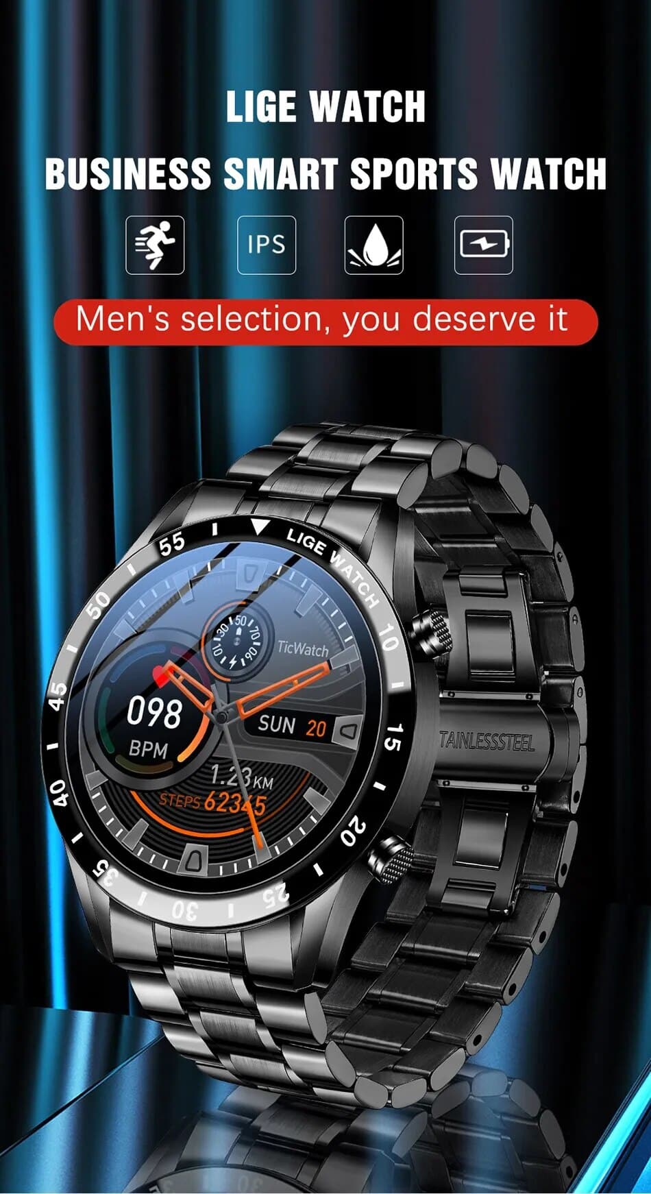 Lige 2023 שעון חכם גברים שעון מסך מגע bluetooth גברים חכם שעון ספורט עמיד למים פעילות ספורט + קופסא