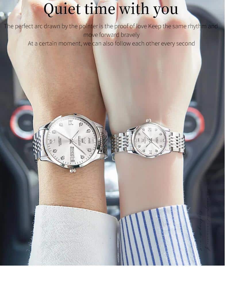 OLEVS אופנה זוג מכאני שעונים עבור גברים ונשים נירוסטה שעון יד עמיד למים זוהר ידיים ולנטיין מתנה