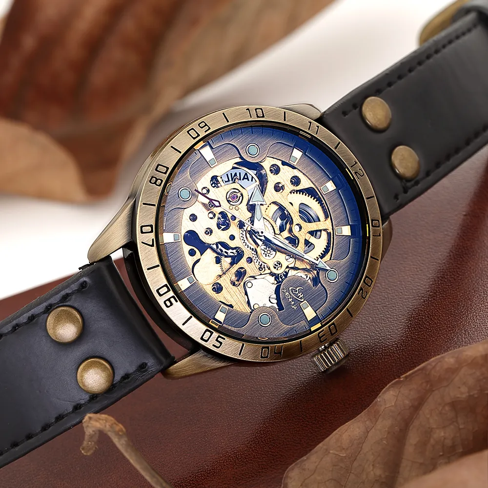 רטרו סגנון גברים אוטומטי מכאני שעון שלד Steampunk אמיתי רצועת עור Mens עצמי מתפתל יד שעונים גברים Reloj