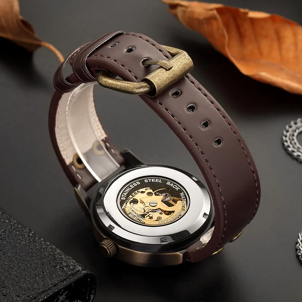 רטרו סגנון גברים אוטומטי מכאני שעון שלד Steampunk אמיתי רצועת עור Mens עצמי מתפתל יד שעונים גברים Reloj