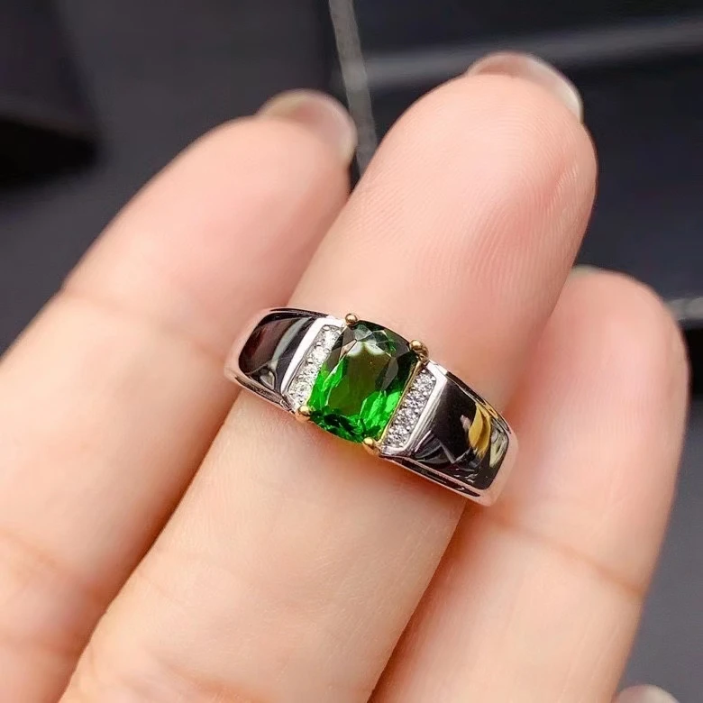 מגניב גבר טבעת 5mm * 7mm טבעי Diopside טבעת לגבר 925 סטרלינג כסף איש ירוק חן אבן המזל מתנה טובה