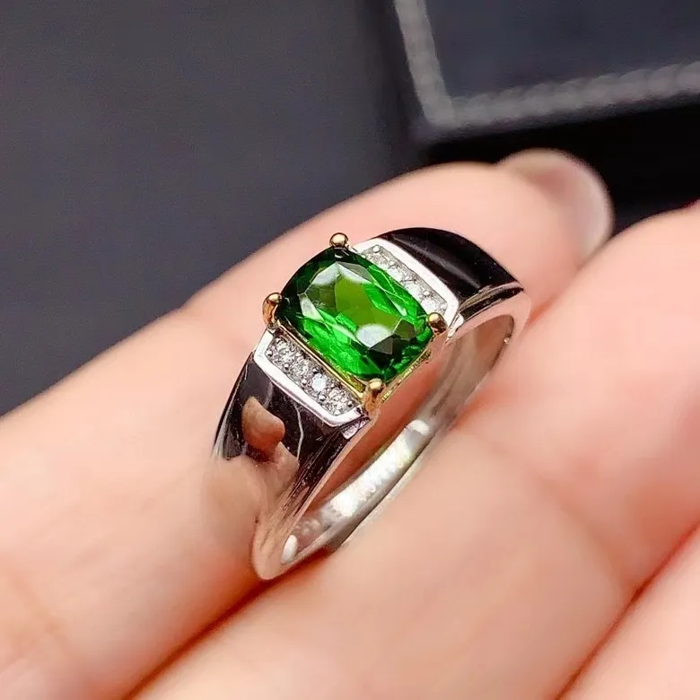מגניב גבר טבעת 5mm * 7mm טבעי Diopside טבעת לגבר 925 סטרלינג כסף איש ירוק חן אבן המזל מתנה טובה