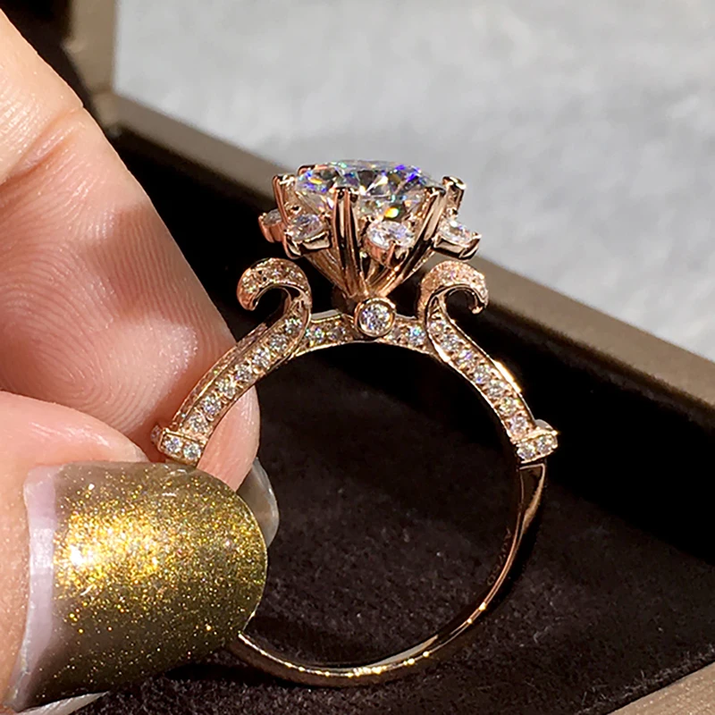 6 7 8 9 10 Ct 9K מוצק זהב נשים מסיבת האירוסין יום נישואים טבעת פרח כתר עגול Moissanite יהלומי טבעת