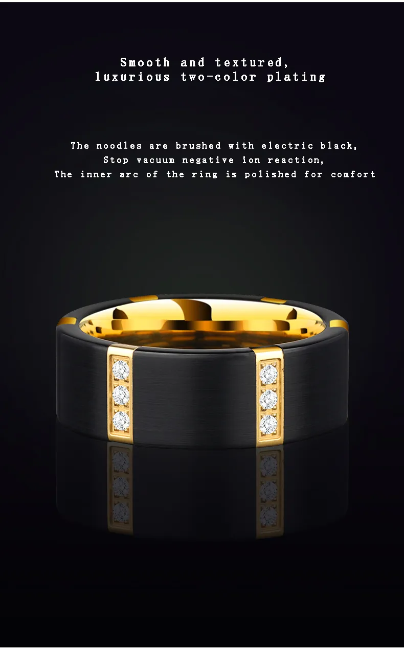 2021 שחור טונגסטן קרביד טבעות לגברים עם זהב ציפוי בתוך שחור צבע שלושה PCS מעוקב Zirconia, משלוח חינם, חריטה
