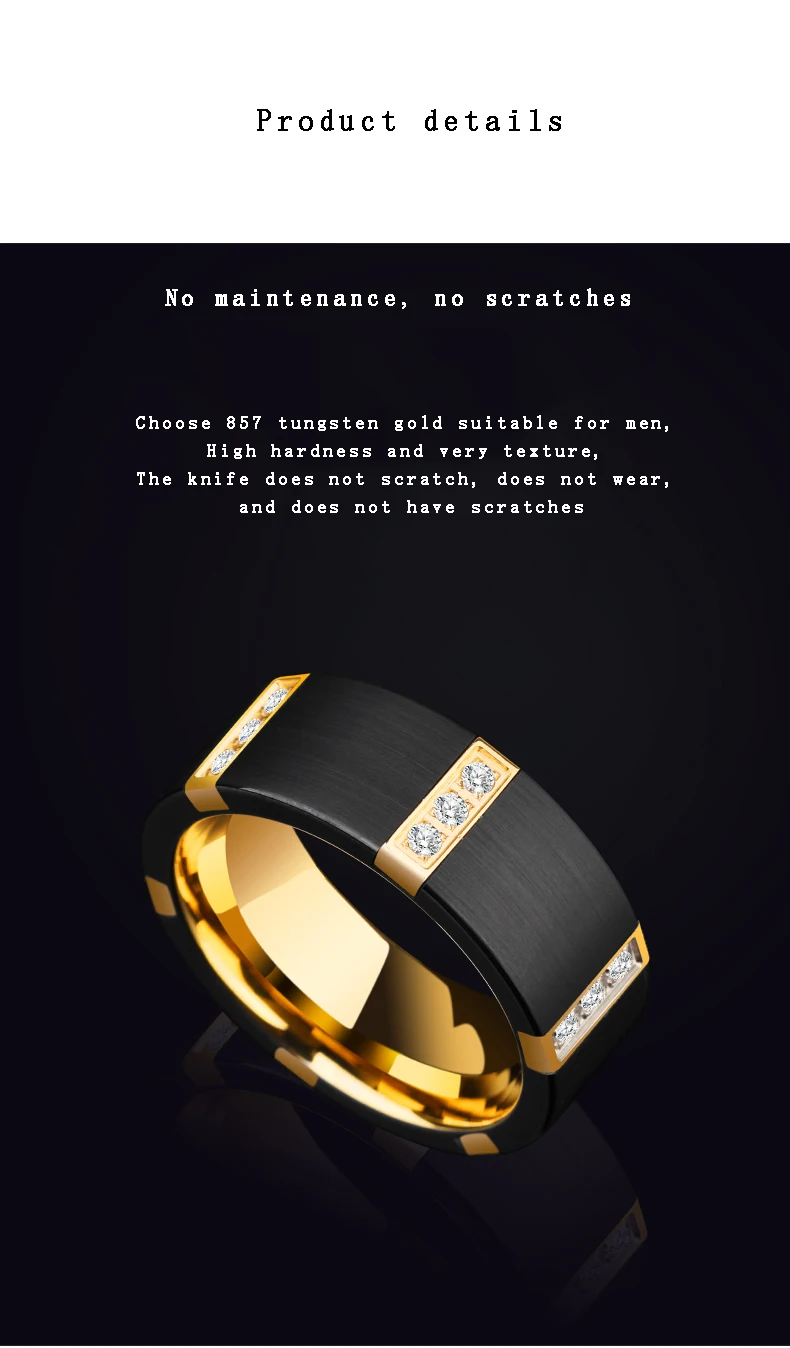 2021 שחור טונגסטן קרביד טבעות לגברים עם זהב ציפוי בתוך שחור צבע שלושה PCS מעוקב Zirconia, משלוח חינם, חריטה