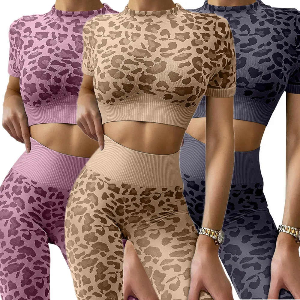 2023 נשים אופנה סקסי Leopard מודפס 2 PCS יוגה סט כושר עמיד הלם ספורט חזיות ספורט חותלות ריצה לעבוד אימון חליפה