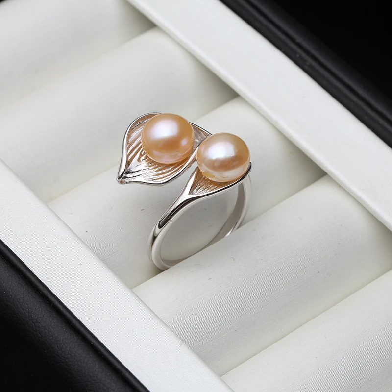 חתונה אמיתי טבעי מים מתוקים לבן שחור כפול פנינת טבעת Boho אופנה עלה 925 סטרלינג טבעות כסף לנשים