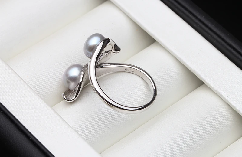 חתונה אמיתי טבעי מים מתוקים לבן שחור כפול פנינת טבעת Boho אופנה עלה 925 סטרלינג טבעות כסף לנשים