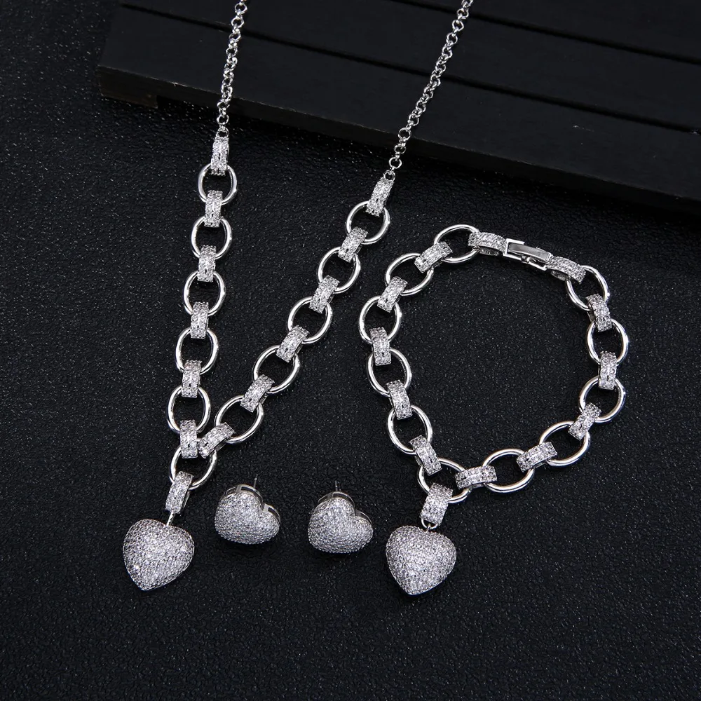 Trendy Heart Shape Pendant Necklace Bracelet Earring Sets Link Chain Choker Adjust Women Wedding Heart Jewelry