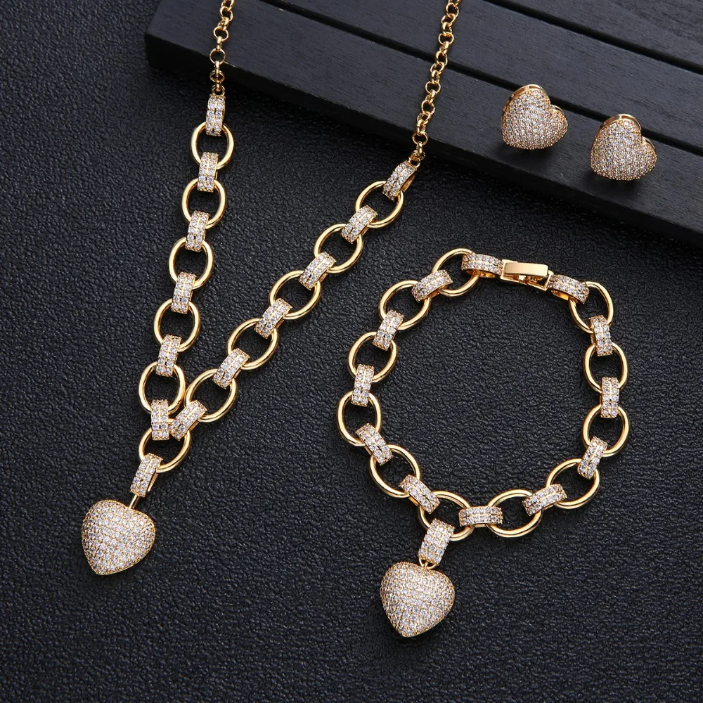 Trendy Heart Shape Pendant Necklace Bracelet Earring Sets Link Chain Choker Adjust Women Wedding Heart Jewelry